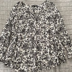 Express black and white floral lace up peasant blouse